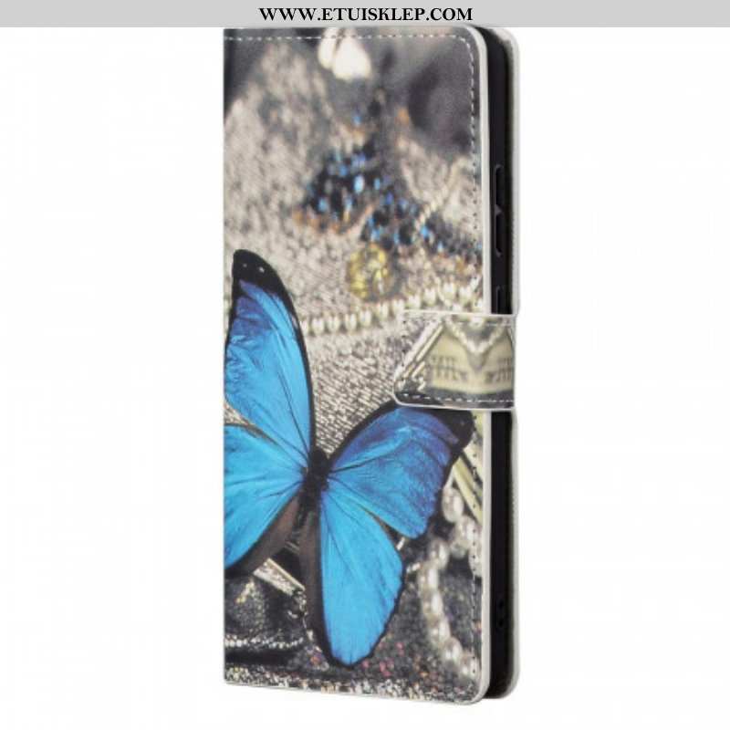 Skórzany Futerał do Xiaomi Redmi Note 11 / 11S Niebieski Motyl